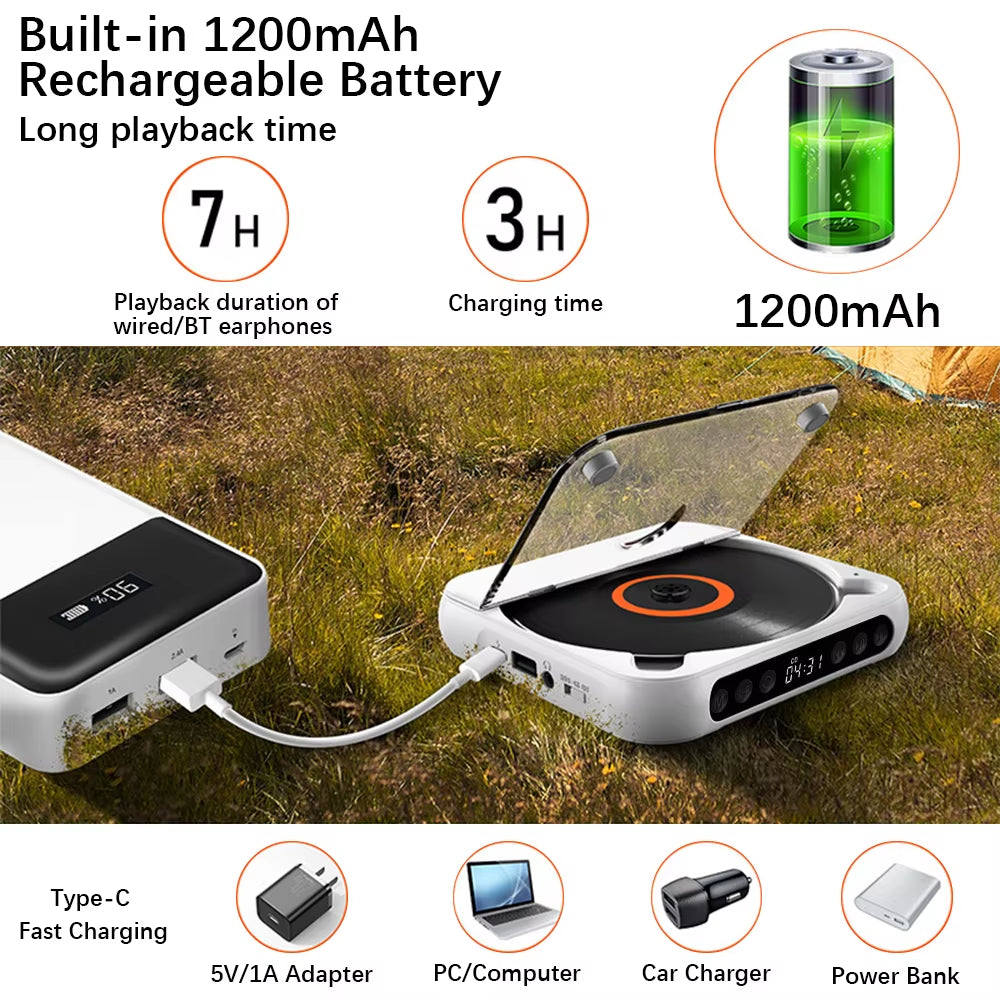 SpinWave™ Portable CD &amp; Bluetooth Music Player – Classic Sound Meets Modern Freedom