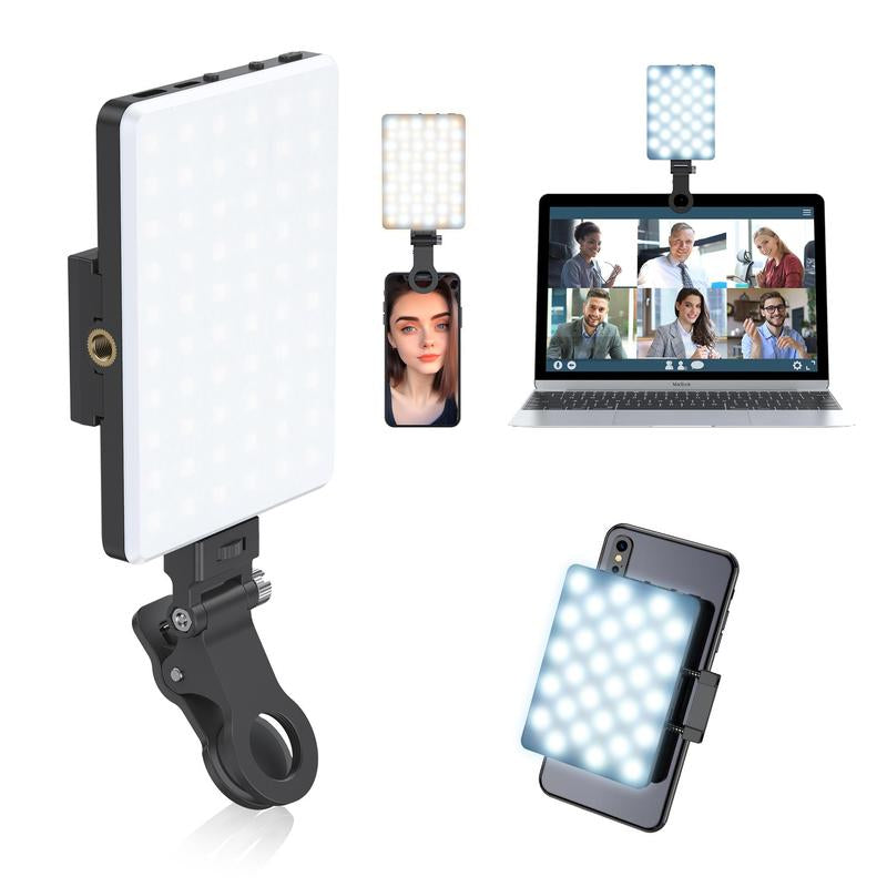 Portable LED Selfie Light with Front &amp; Back Phone Clip, High Power 60 LED 2000MAH Rechargeable Camera Fill Light for Summer Fall, 3 Light Modes Clip on Ring Light for Smartphone/Tablet/Laptop/Camera/, Zoom Call Video Fill Light, Camera Accessories
