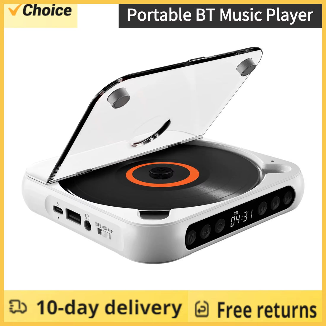 SpinWave™ Portable CD &amp; Bluetooth Music Player – Classic Sound Meets Modern Freedom