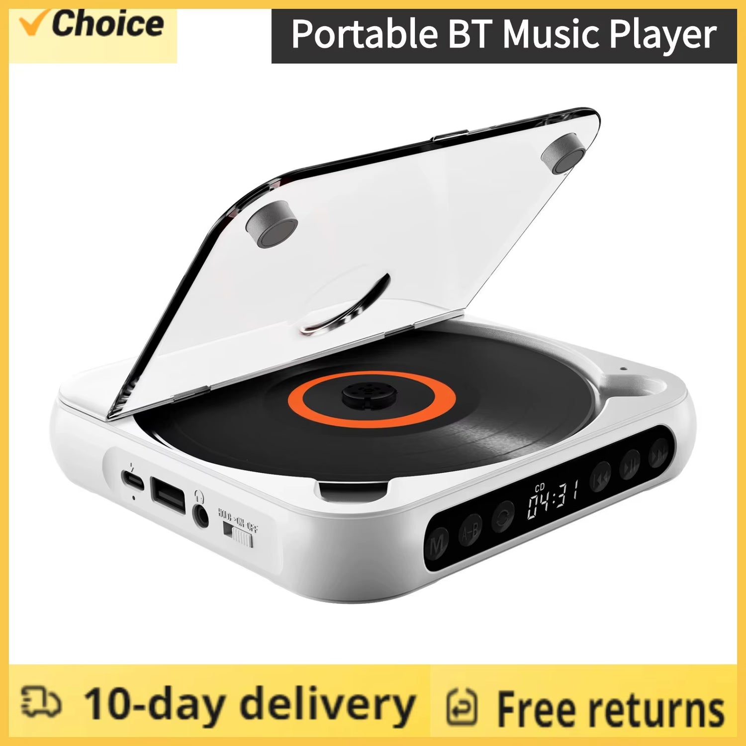 SpinWave™ Portable CD &amp; Bluetooth Music Player – Classic Sound Meets Modern Freedom