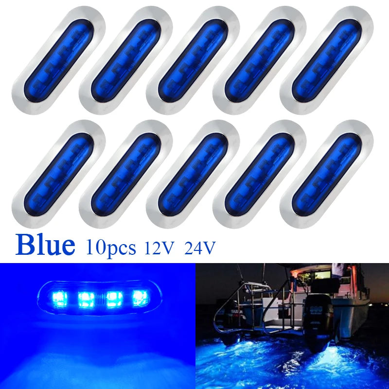 10pcs Marine Boat Waterproof 12V 24V 4 LED Lamp Cabin Deck Courtesy Light Stern Transom Lights Blue For Small Boat Sailboat