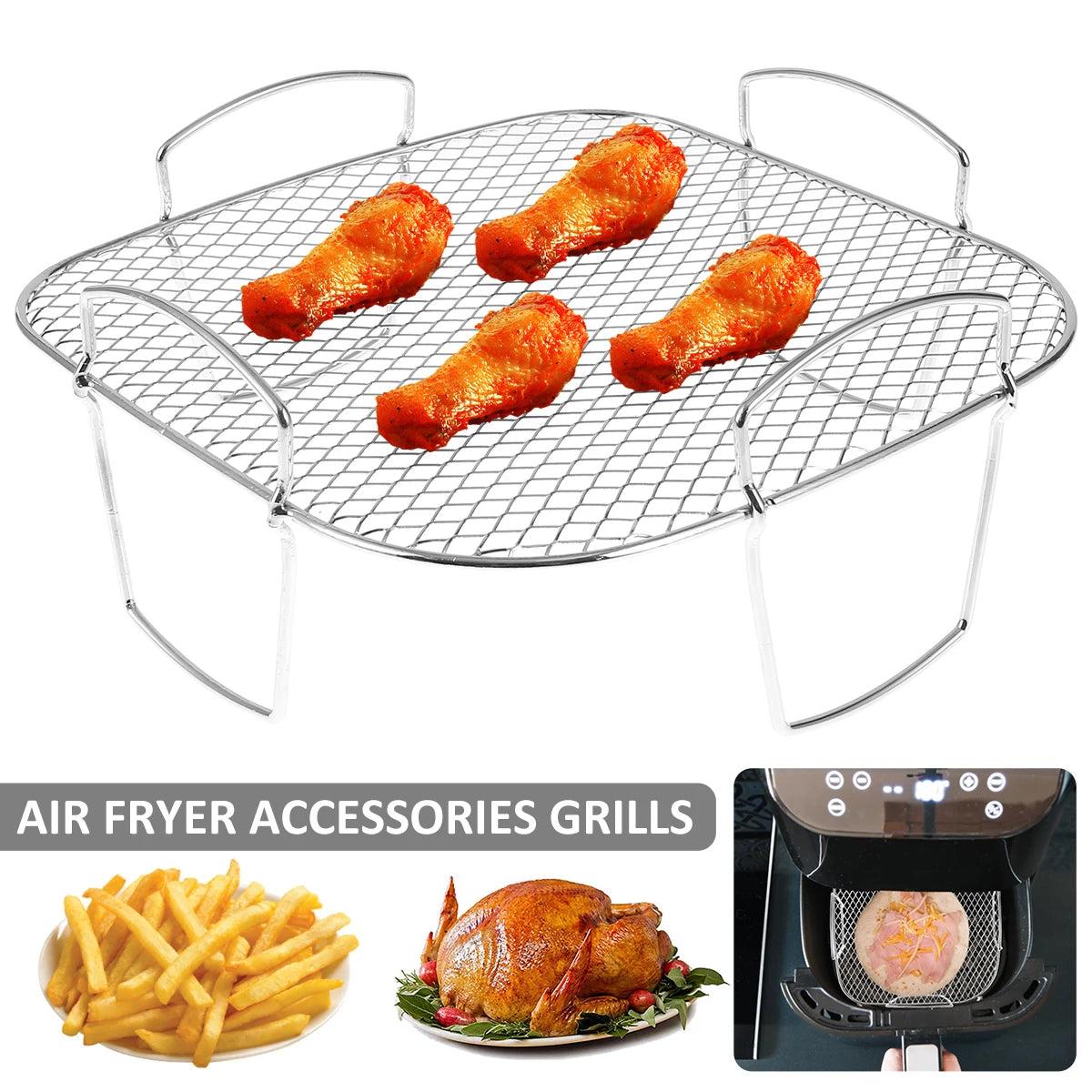 Air Fryer Rack Grilling Rack Stainless Steel Multi-Layer Stackable Cooking Rack Toast BBQ Rack Basket Tray Air Fryer Accessories