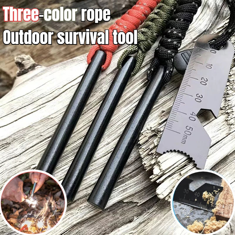 Outdoor Survival Fire Starter Multifunctional Ferrocerium Rod with Paracord &amp; Scraper, Camping Emergency Flint Fire Steel