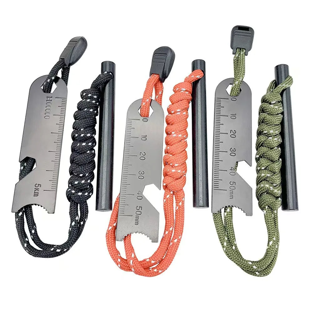 Outdoor Survival Fire Starter Multifunctional Ferrocerium Rod with Paracord &amp; Scraper, Camping Emergency Flint Fire Steel