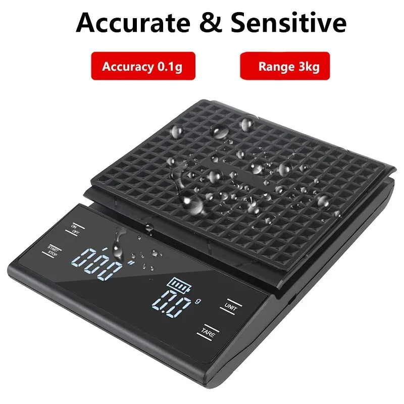 Digital Coffee Scale With Timer LED Screen Espresso USB 3kg Max.Weighing 0.1g High Precision Measures Kitchen Scale